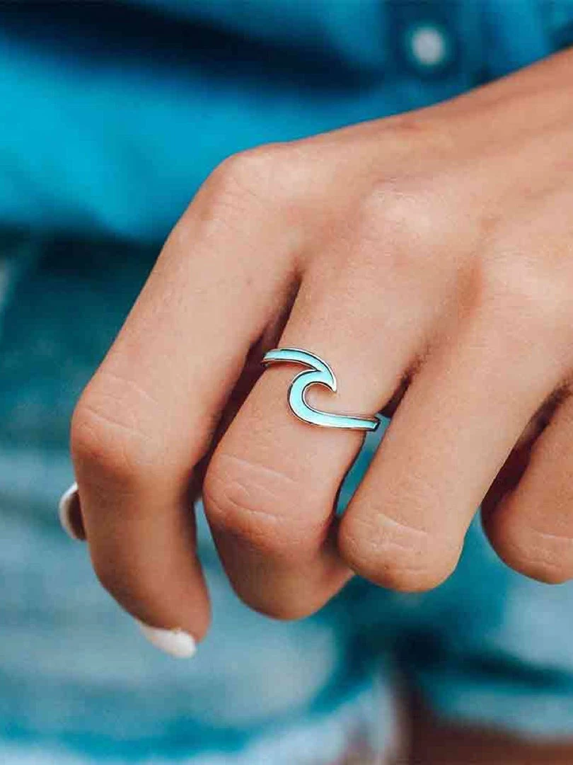 Rings Pura Vida Enameled Wave Ring Teal/Silver 1 Rings Pura Vida Enameled Wave Ring Teal/Silver