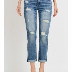 Leaf In Creek WOMEN Roll Up Slim Fit Boyfriend Jeans TR012-B