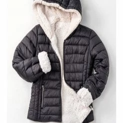 TrendNotes WOMEN BLACK SHERPA FLEECE LINED PUFFER JACKET W HOOD 0657-7418-3