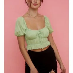 Blue Blush WOMEN SQUARE NECK SMOCKED MESH CROP TOP