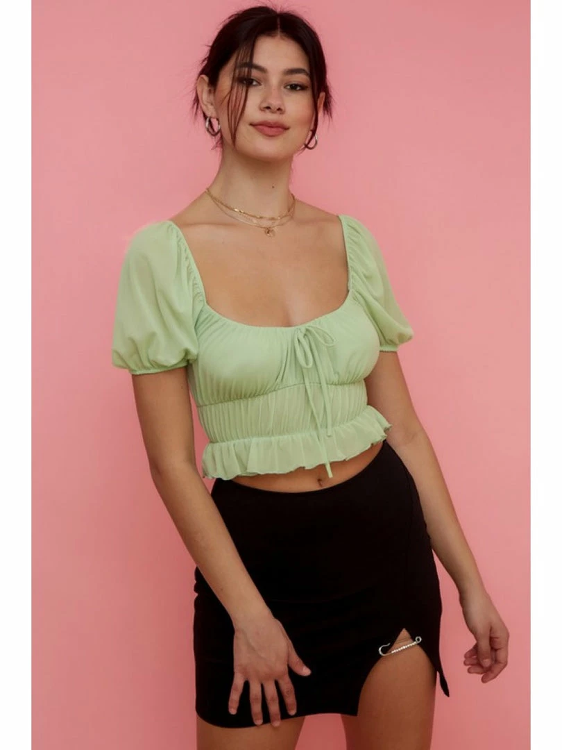 Blue Blush WOMEN SQUARE NECK SMOCKED MESH CROP TOP 1 Blue Blush WOMEN SQUARE NECK SMOCKED MESH CROP TOP