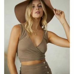 Endless Blu WOMEN Solid Surplice Rib Top With Tie