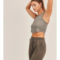 Mono B WOMEN Melange Active Racerback Cropped Tank Top AT-A067 Peanut