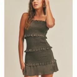 Mable WOMEN SOLID SATIN SPAGHETTI STRAP SMOCKING MINI DRESS