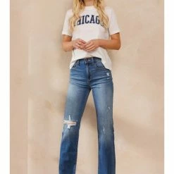 SneakPeek HIGH RISE STRAIGHT LEG WITH DISTRESS AND RAW HEM