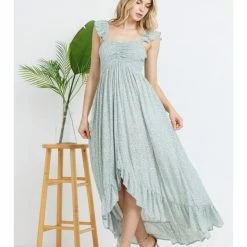 Blue Blush WOMEN Ditsy Print Smocked High Low Maxi Dress