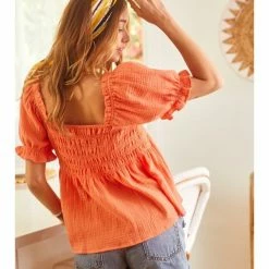 Ces Femme WOMEN Short Puff Sleeve Squared Neck Boho Top
