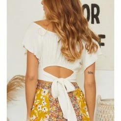 Ces Femme WOMEN Short Sleeve Ruffle Sweet Heart Neckline Crop Top