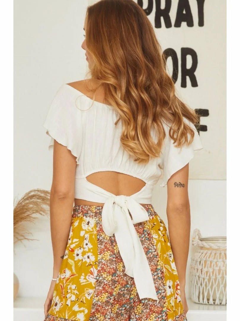 Ces Femme WOMEN Short Sleeve Ruffle Sweet Heart Neckline Crop Top 2 Ces Femme WOMEN Short Sleeve Ruffle Sweet Heart Neckline Crop Top