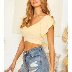 Ces Femme WOMEN Short Sleeve Ruffle Sweet Heart Neckline Crop Top 9 Ces Femme WOMEN Short Sleeve Ruffle Sweet Heart Neckline Crop Top