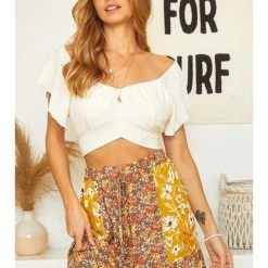 Ces Femme WOMEN Short Sleeve Ruffle Sweet Heart Neckline Crop Top