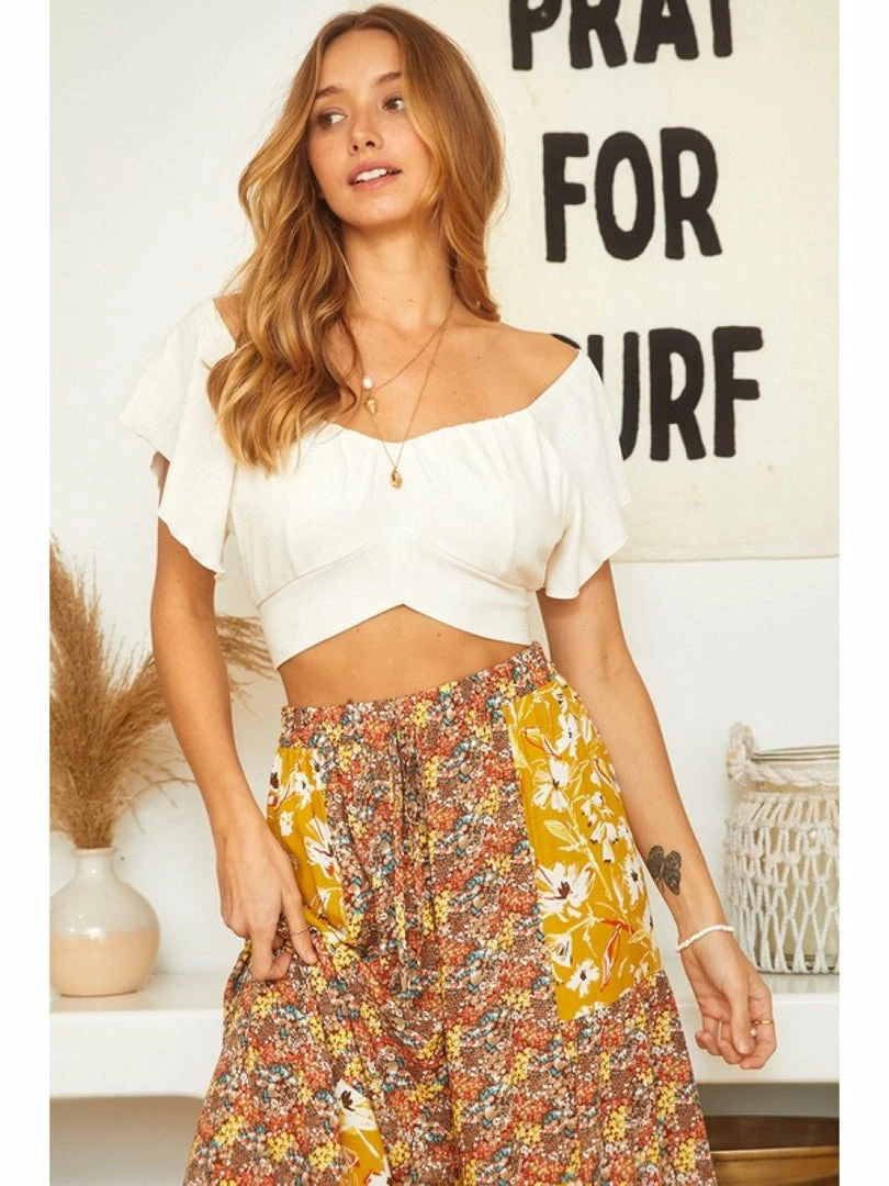 Ces Femme WOMEN Short Sleeve Ruffle Sweet Heart Neckline Crop Top 1 Ces Femme WOMEN Short Sleeve Ruffle Sweet Heart Neckline Crop Top