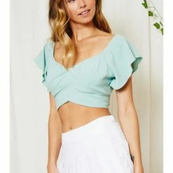 Ces Femme WOMEN Short Sleeve Ruffle Sweet Heart Neckline Crop Top 7 Ces Femme WOMEN Short Sleeve Ruffle Sweet Heart Neckline Crop Top