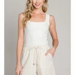 Allie Rose Striped Soft Linen Elastic Waist Tie Shorts WOMEN