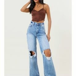 Vibrant MIU HIGH WAISTED WIDE LEG Disressed Pants