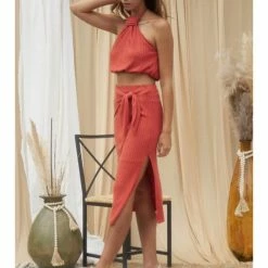 Blue Blush WOMEN KNIT SKIRT WITH SIDE TIES DETAIL WITH CUTOUT