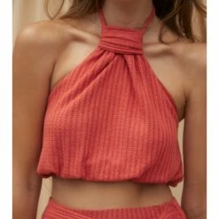 Blue Blush KNIT HALTER CROP TOP WITH ELASTIC HEM WOMEN