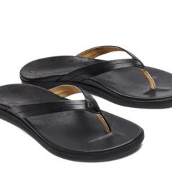 Olukai HONU - Women's Leather Flip Flops Black