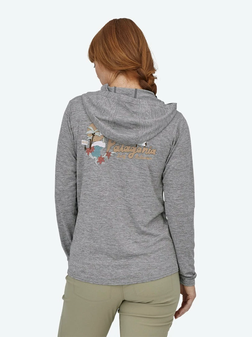 Patagonia Women's Capilene® Cool Daily Graphic Hoody -Palm Protest: Feather Grey 1 Patagonia Women's Capilene® Cool Daily Graphic Hoody -Palm Protest: Feather Grey