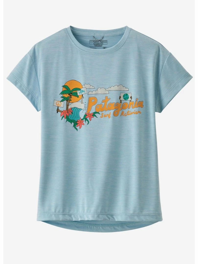 Patagonia Girls' Capilene® Cool Daily T-Shirt -Palm Protest Jr: Fin Blue KIDS 1 Patagonia Girls' Capilene® Cool Daily T-Shirt -Palm Protest Jr: Fin Blue KIDS