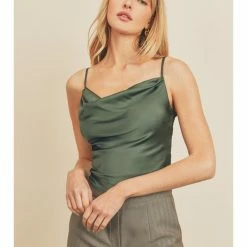 POL WOMEN Satin Cowl Neck Cami Top Sage